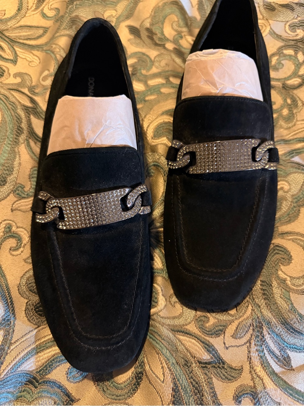 Donald J. Pliner Black Suede Loafers with Crystal Chain Accent